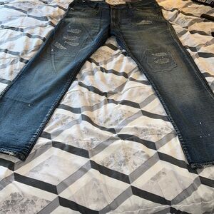 Akoo men jeans boot cut size 38 distressed, blue jeans, embroidered buttons